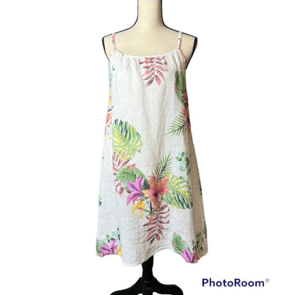 Lungo L'arno Slip Dress in Linen with Tropical Print Green & Pink Size L…